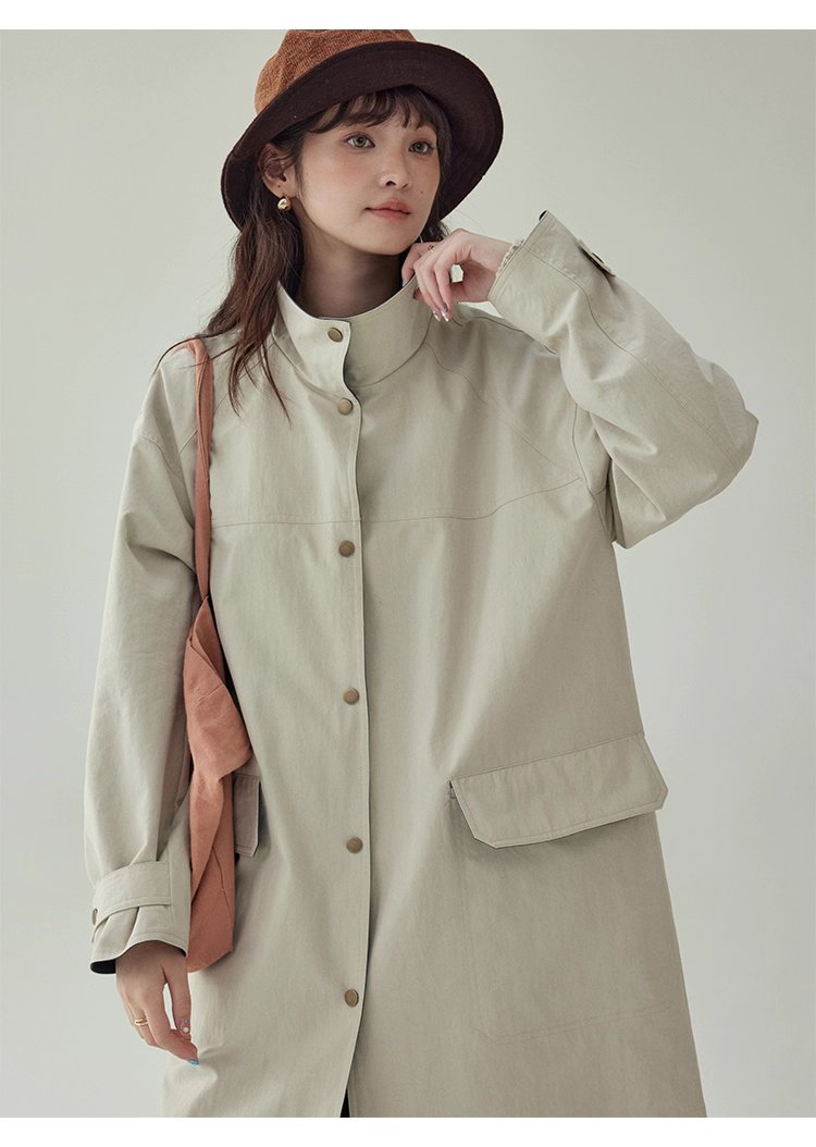 日系純色立領長風衣外套女秋新款寬鬆長袖上衣