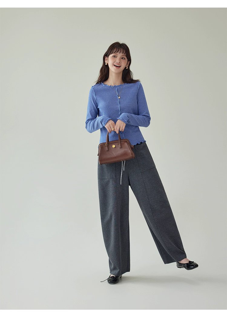 韓系灰色高腰休閒衛褲女秋季新款寬腿百搭彎刀褲