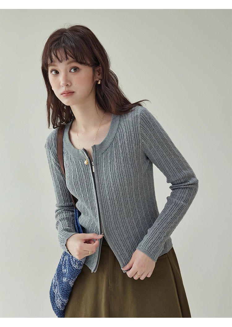 純色麻花雙頭拉鍊針織衫女秋季新款修身純棉上衣