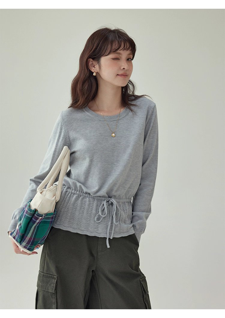 小眾抽繩提花下擺針織衫女秋季新款長袖內搭上衣,小眾抽繩提花下擺針織衫女秋季新款長袖內搭上衣,HBEW1094,小眾抽繩提花下擺針織衫女秋季新款長袖內搭上衣,簡約大方,抽繩衣襬