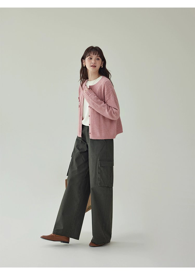 少女感粉紅花朵毛衣開襟女秋季新款寬鬆長袖上衣