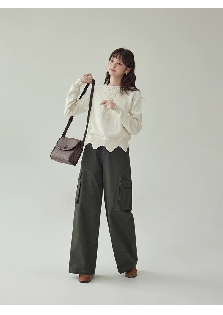 設計感波浪下擺純棉針織衫女秋冬季新款長袖上衣