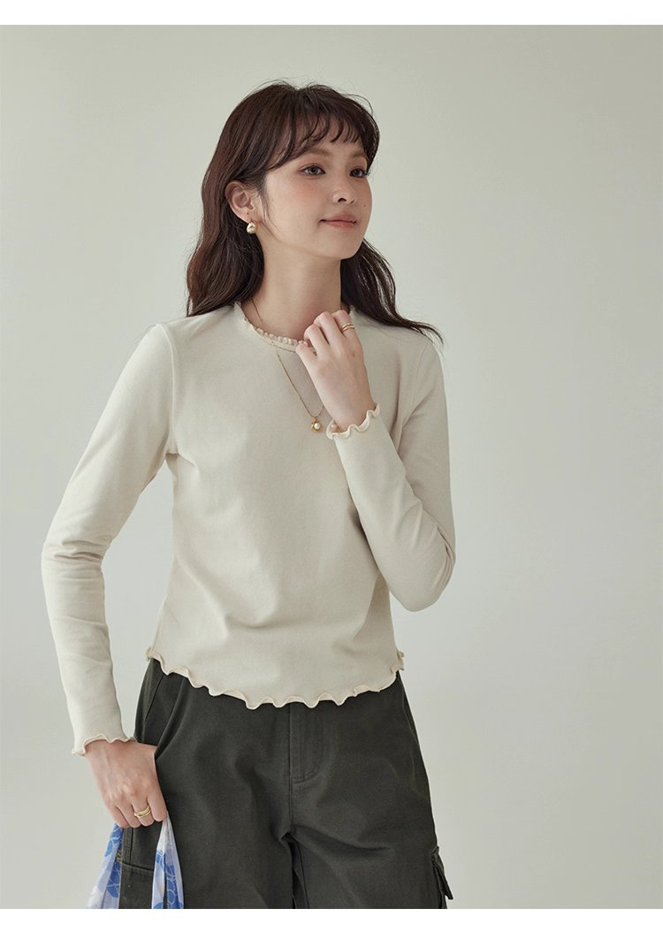 小眾花邊圓領長袖打底T恤女秋新款寬鬆純色上衣