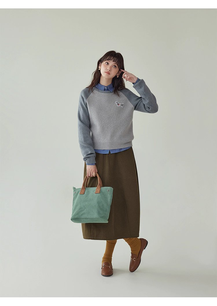 拼色插肩長袖短版針織衫女秋季新款小狗刺繡上衣