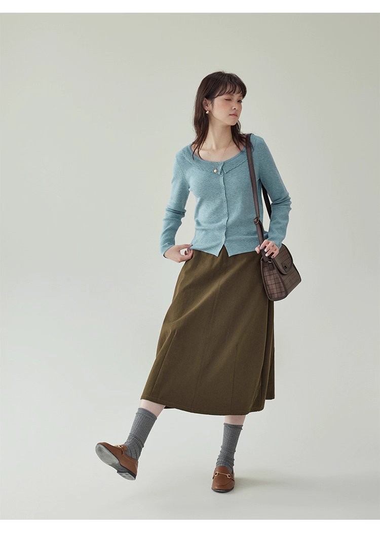 藍色圓領針織衫女秋季絕美短款修身長袖開襟衫上衣