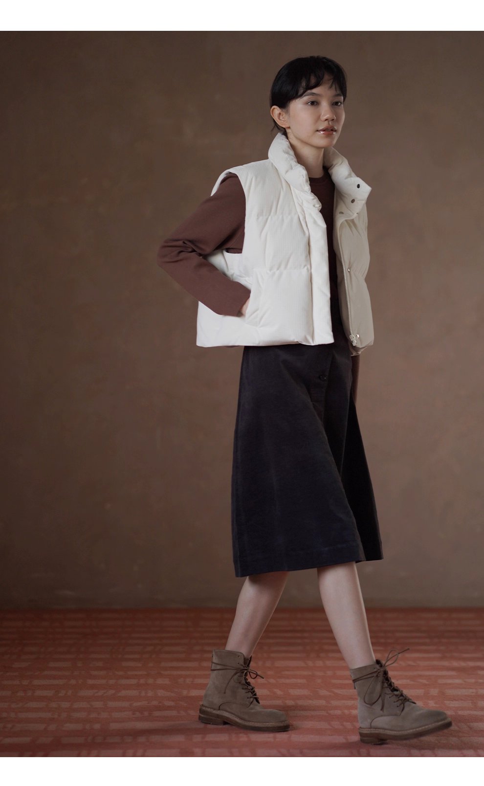 保暖軟糯小泡芙格外套紋肌理寬鬆短款立領夾棉馬甲棉服