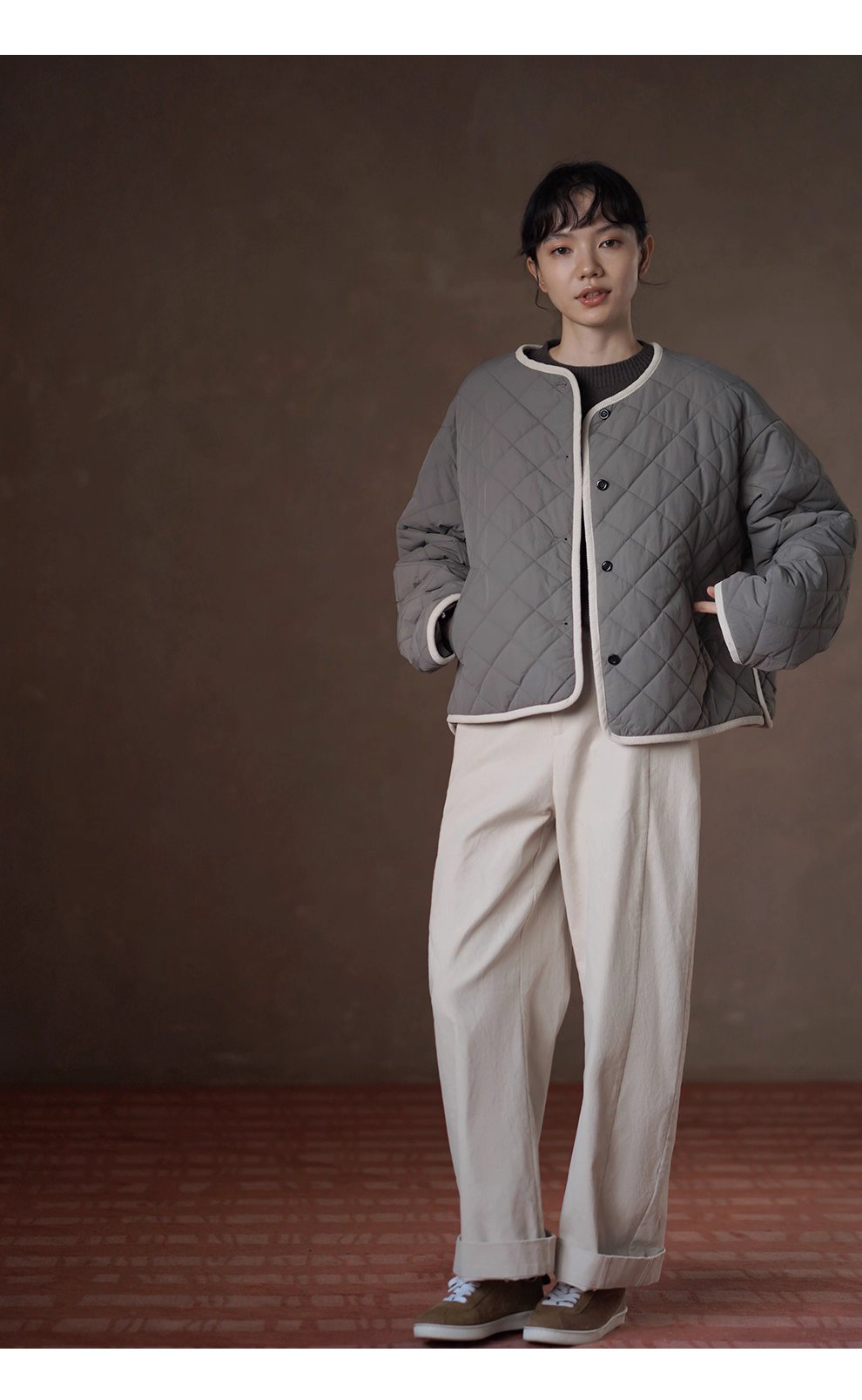 撞色燈芯絨包邊顯瘦菱格絎線寬鬆輪廓顯瘦保暖棉質外套