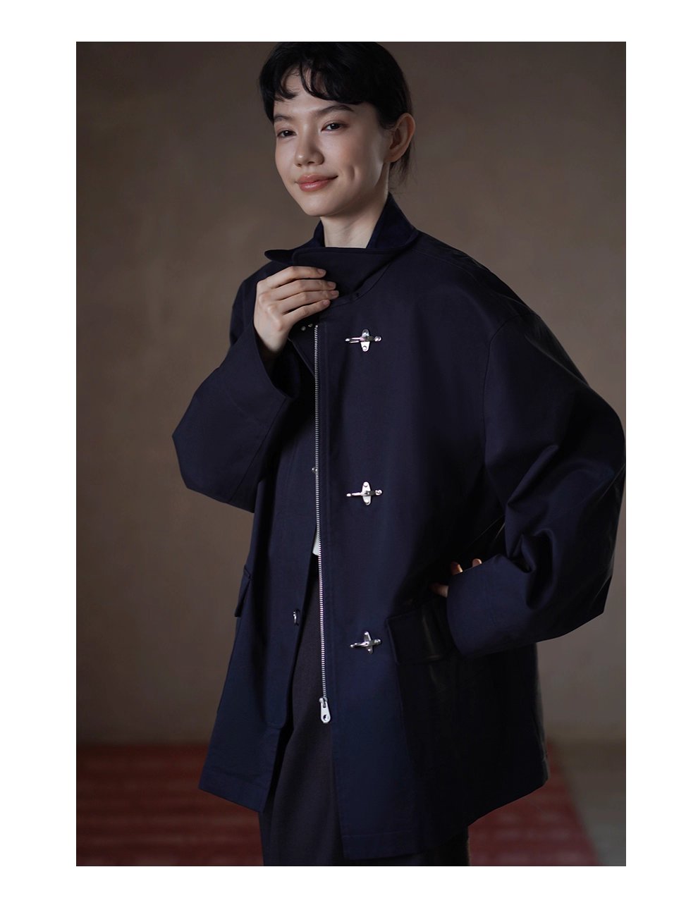 走讀生復古外套小眾飛機扣設計中長款拼接麂皮領口風衣