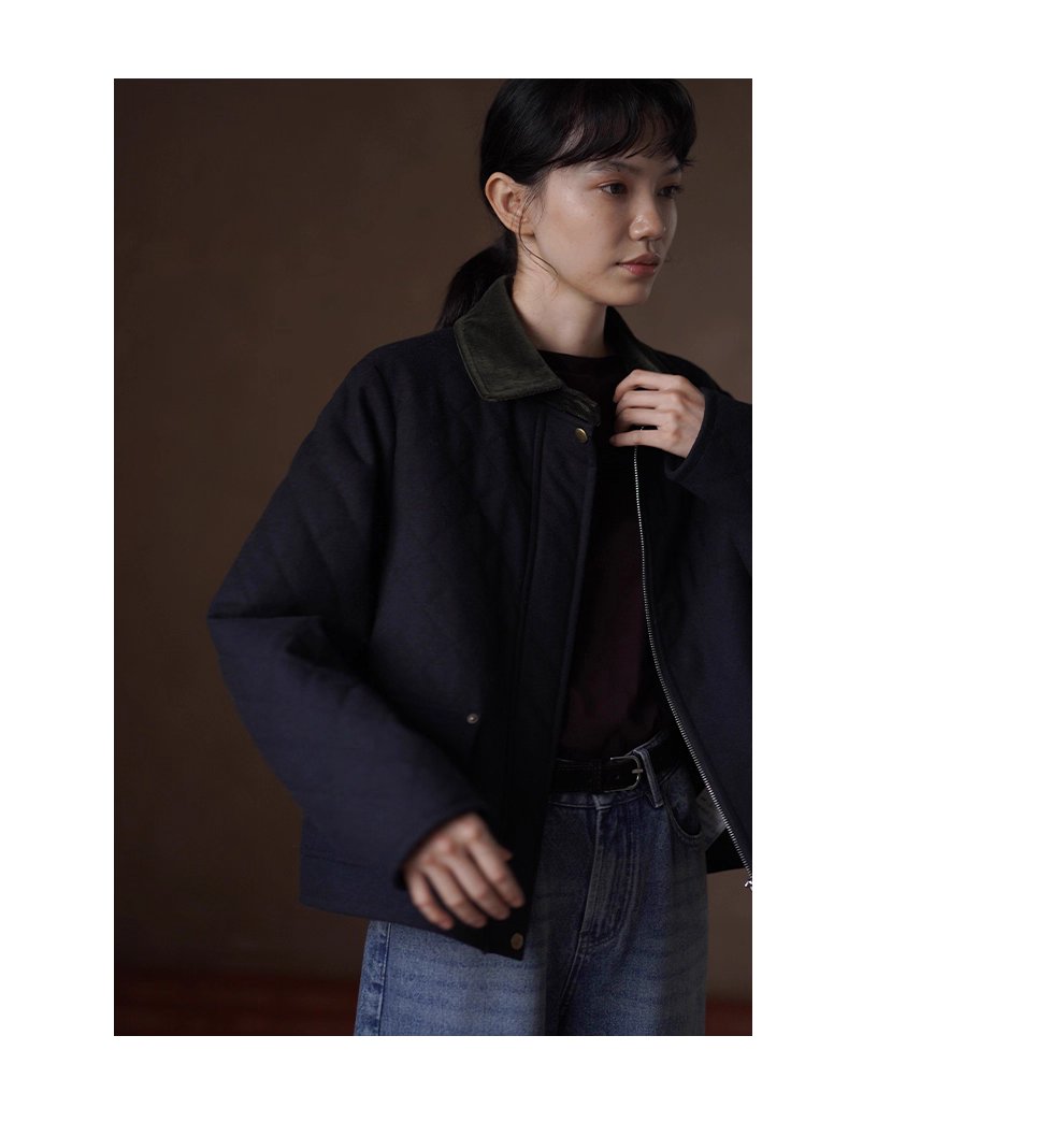 復古英倫配色撞色燈芯絨翻領正肩短款菱形格絎棉外套女