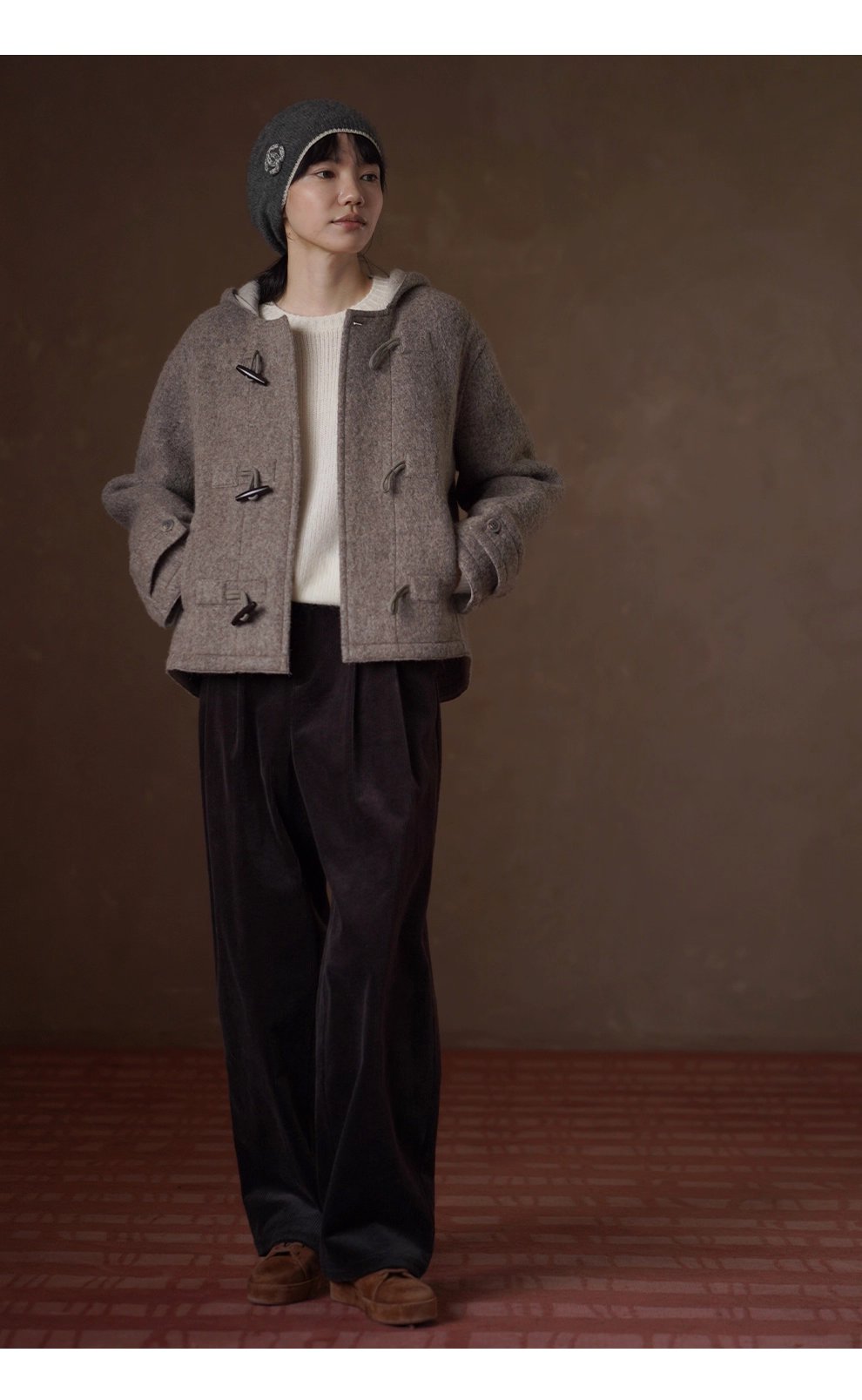 書香學院風外套澳洲進口羊毛駝絨連帽牛角扣短款雙面呢