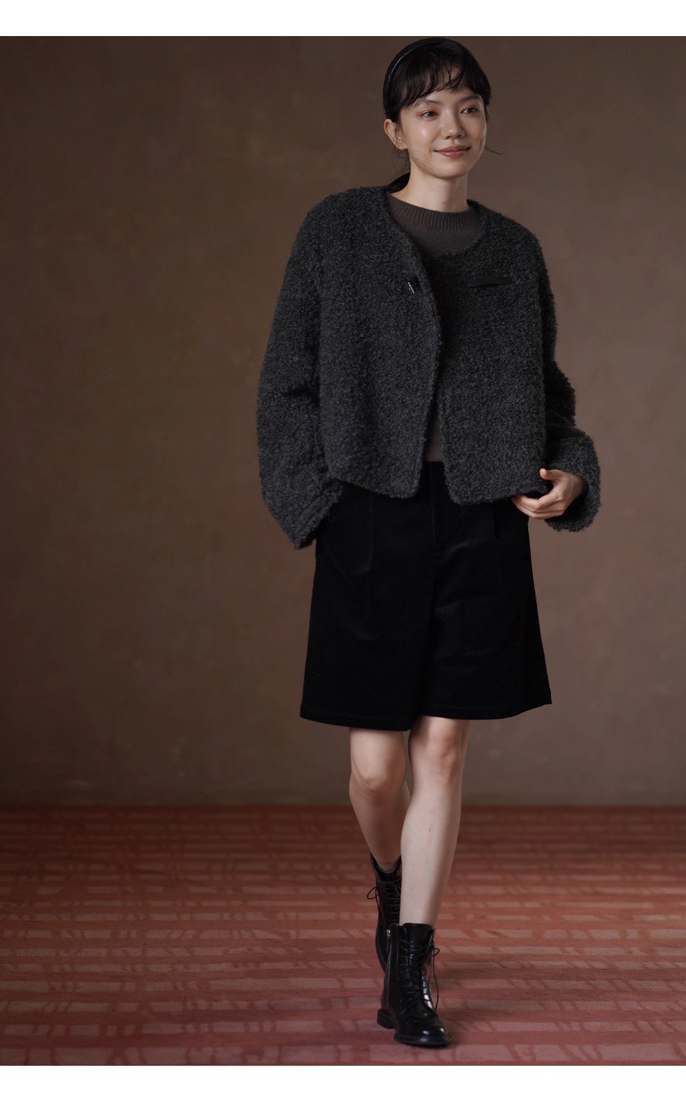 費城外套蓬鬆羊毛圈毛呢料輪廓皮袢圓領通勤顯瘦大衣