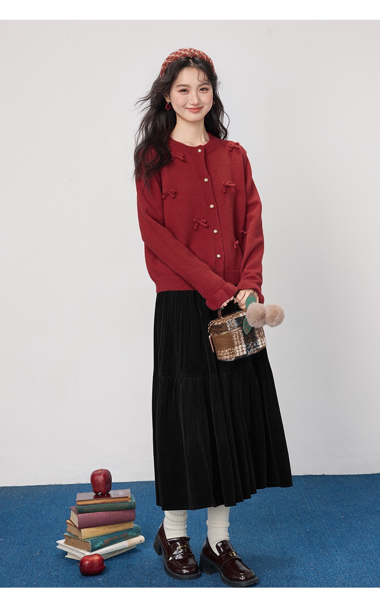 大尺碼胖mm秋冬毛衣開襟外套紅色蝴蝶結針織衫上衣