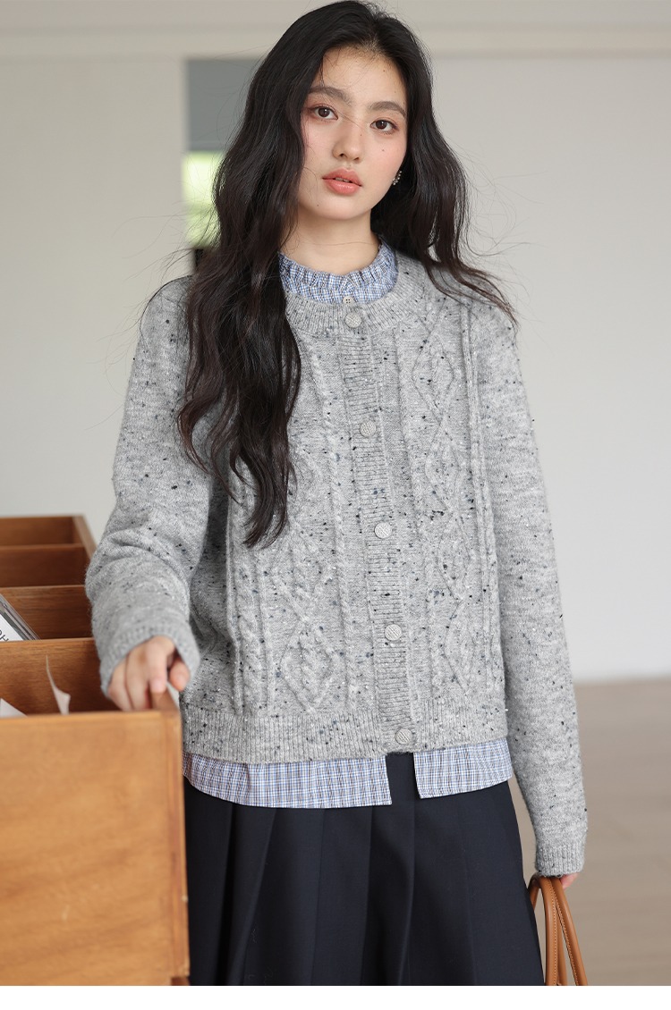 秋冬灰色毛衣開襟衫女拼接格子襯衫假兩件針織衫