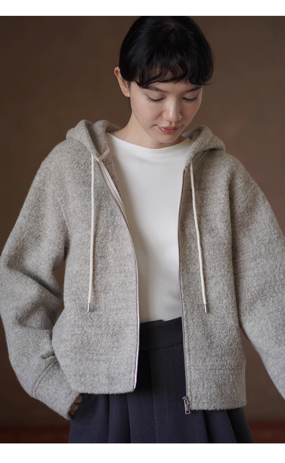 顆粒肌理絨感100綿羊毛輪廓休閒顯瘦連帽衛衣保暖外套女