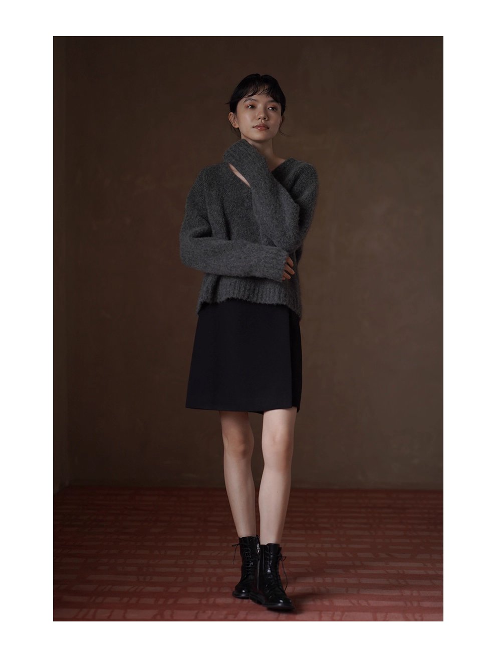 溫柔蓬鬆雜花灰毛衣馬海毛綿羊毛混紡寬鬆V領落肩上衣女