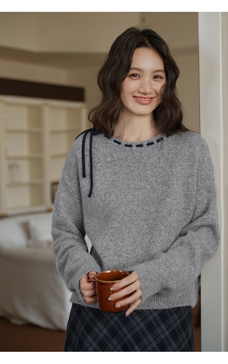 大尺碼繫帶毛衣女秋冬慵懶風格針織衫