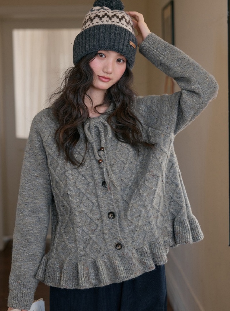 菱格毛衣開襟上衣外套冬季針織衫,菱格毛衣開襟上衣外套冬季針織衫,HBEW1952,菱格毛衣開襟上衣外套冬季針織衫,荷葉滾邊,菱格紋路