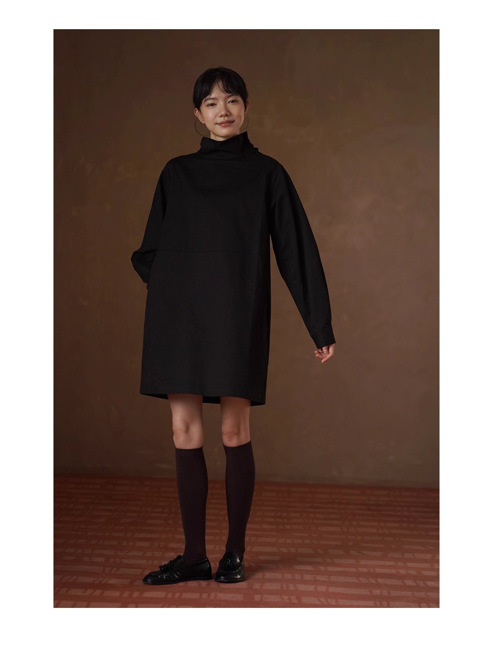 秋冬新款弗里達學院可調式紐扣高領寬鬆100棉連身裙女