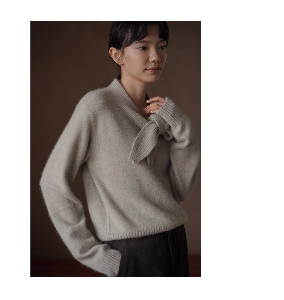 靜謐月光羊毛柔和混紡紗線領結設計感坑條顯瘦寬鬆毛衣