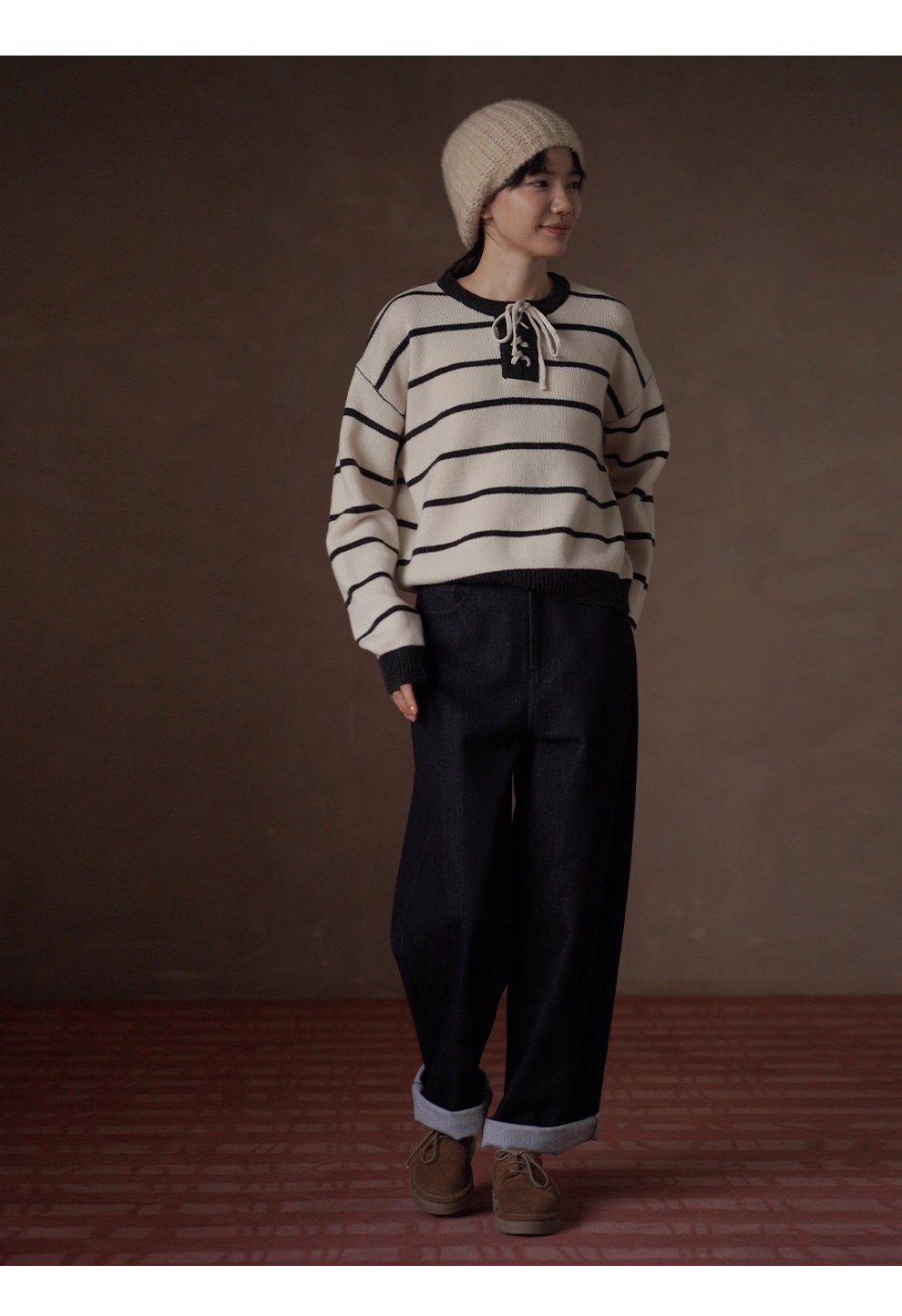 復古水手條紋上衣軟糯100羊毛綁帶門襟設計寬鬆顯瘦毛衣