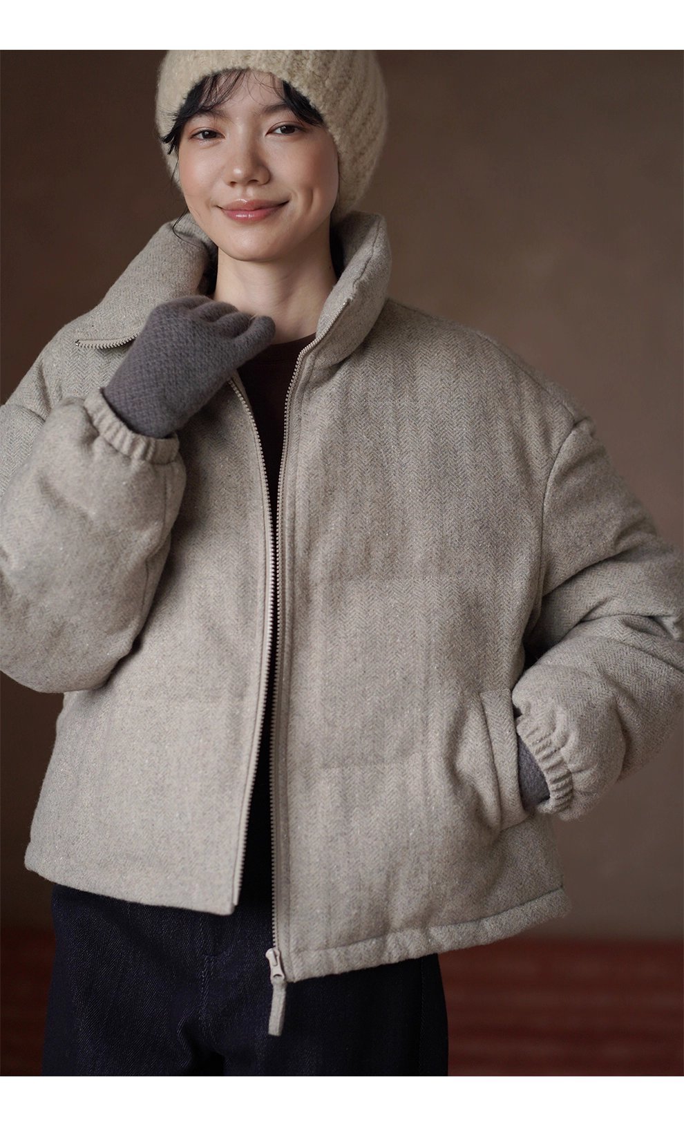 冬日盧森堡保暖外套羊毛夾花人字紋加厚短款休閒棉服女