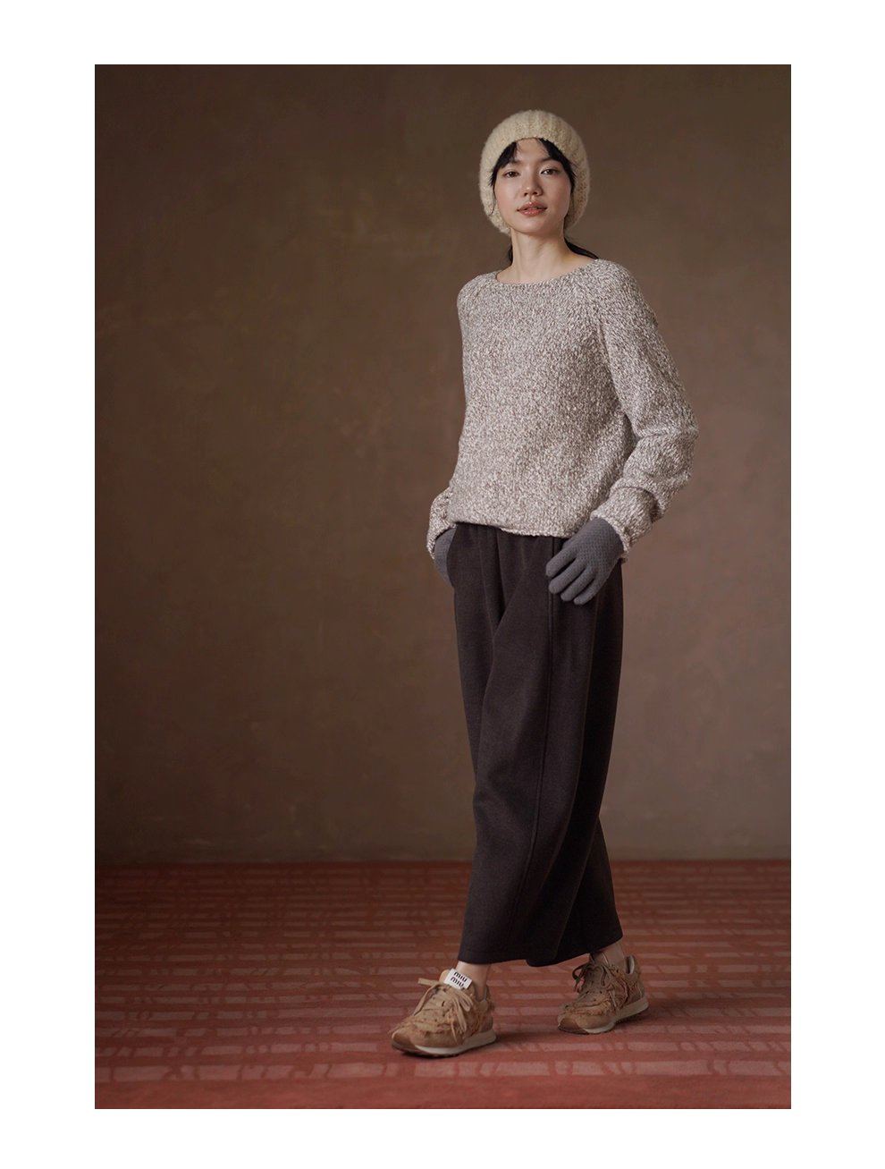 拉花肌理感雜色羊毛豆豆紗寬鬆顯瘦船領休閒捲邊毛衣女