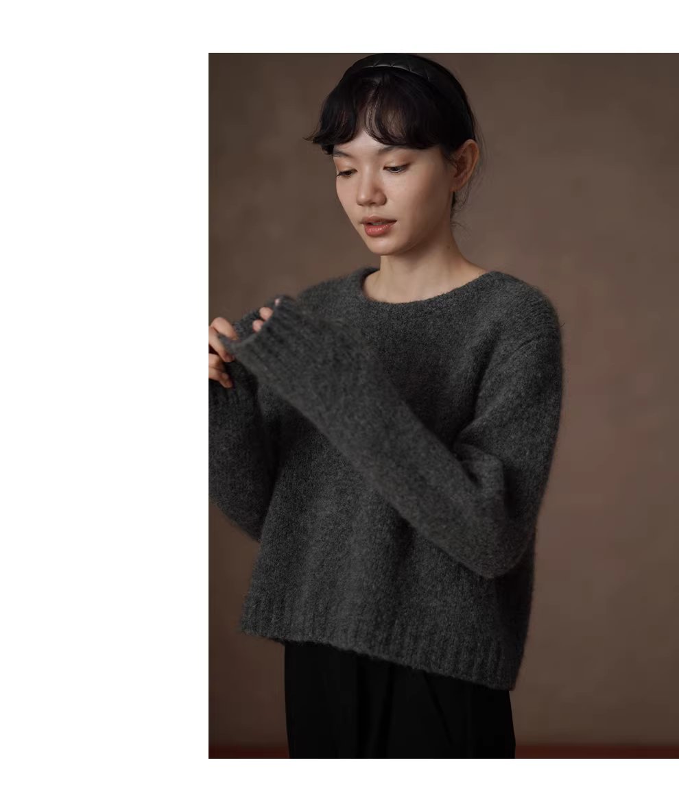 蓬鬆百分百水洗拉毛工藝羊毛馬海毛混紡圓領寬鬆毛衣女