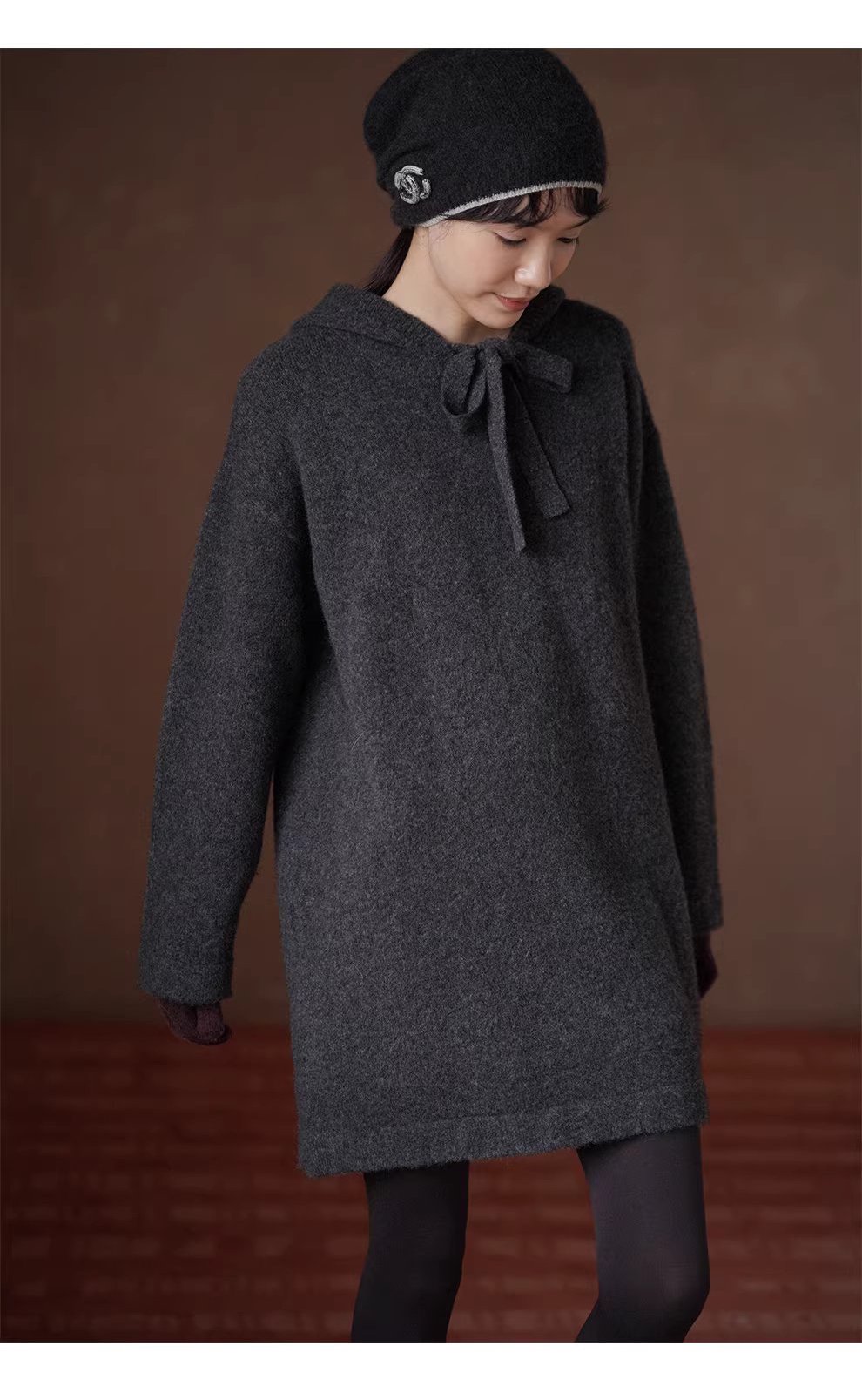 柔軟蓬鬆水洗拉毛工藝羊毛混紡連帽寬鬆顯瘦針織洋裝