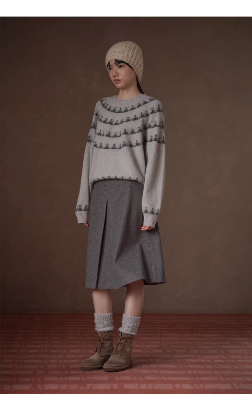 復古費爾島提花氛圍感柔軟羊毛浣熊混紡圓領寬鬆毛衣女