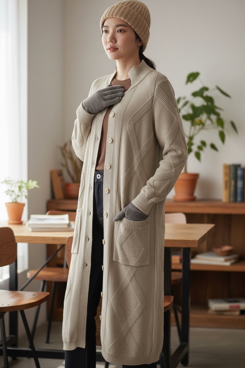 立領排扣菱格紋長款開衫針織外套,立領排扣菱格紋長款開衫針織外套,5W165019,立領排扣菱格紋長款開衫針織外套,排釦開衫,長款針織