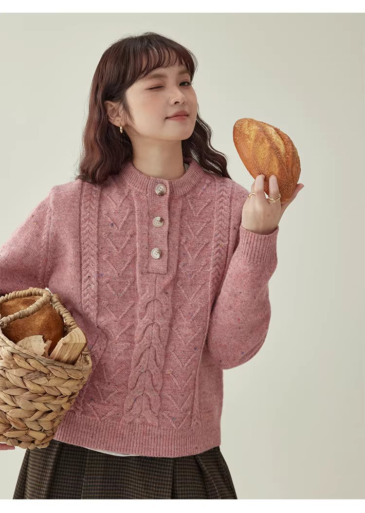 半開領麻花羊毛毛衣女冬季新款甜美彩點長袖上衣,半開領麻花羊毛毛衣女冬季新款甜美彩點長袖上衣,HBEW5106,半開領麻花羊毛毛衣女冬季新款甜美彩點長袖上衣,半開排扣,麻花針織