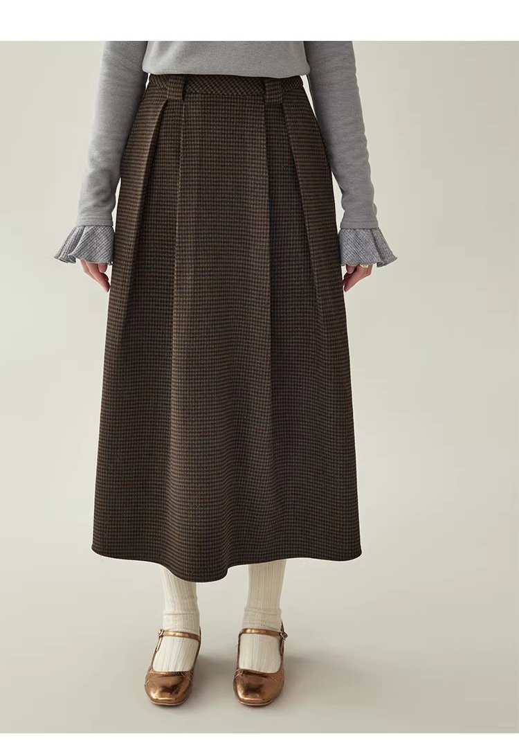 復古壓褶格紋高腰半身裙女25冬季新款a字中長裙,復古壓褶格紋高腰半身裙女25冬季新款a字中長裙,HBEW2031,復古壓褶格紋高腰半身裙女25冬季新款a字中長裙,復古格紋,高腰壓摺