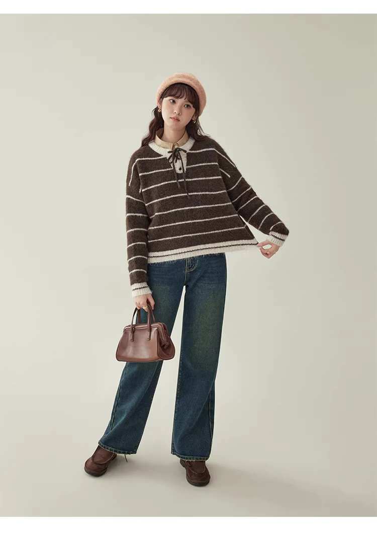 撞色條紋綁帶圓領羊毛毛衣女冬季新款甜美落肩袖上衣,撞色條紋綁帶圓領羊毛毛衣女冬季新款甜美落肩袖上衣,HBEW1155,撞色條紋綁帶圓領羊毛毛衣女冬季新款甜美落肩袖上衣,綁帶衣領,羊毛混紡