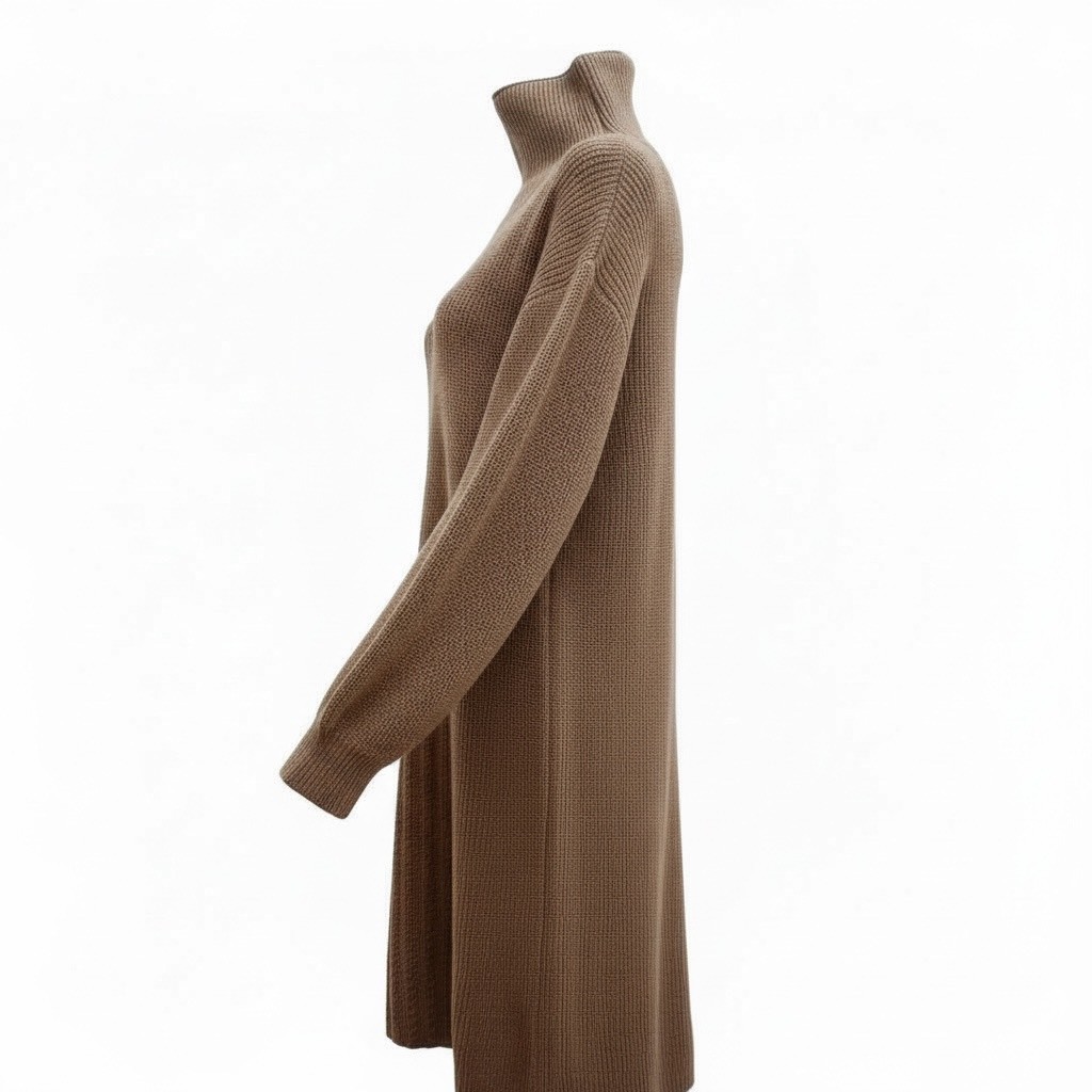 秋冬慵懶半高領長款寬鬆打底毛衣裙過膝針織連身裙,5W167007,秋冬慵懶半高領長款寬鬆打底毛衣裙過膝針織連身裙,修身版型,復古條紋,高領毛衣