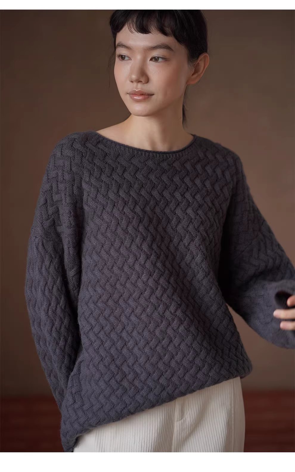 慵懶鬆弛立體編織提花肌理柔軟100羊毛寬鬆顯瘦圓領毛衣,慵懶鬆弛立體編織提花肌理柔軟100羊毛寬鬆顯瘦圓領毛衣,HBEW1165,慵懶鬆弛立體編織提花肌理柔軟100羊毛寬鬆顯瘦圓領毛衣,立體編織,羊毛100%