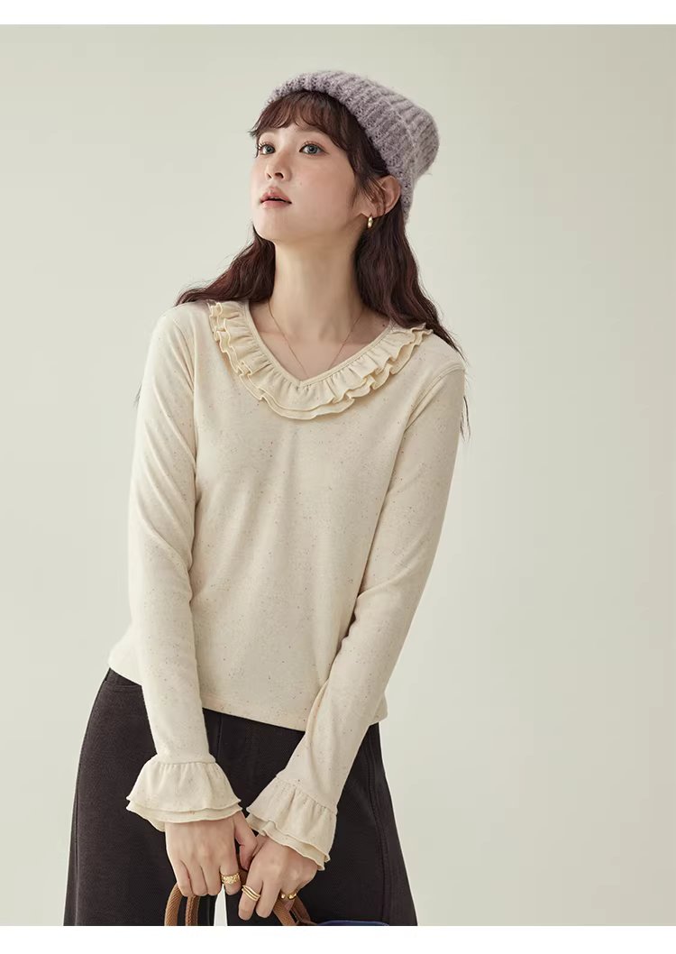 彩點荷葉邊v領厚T恤女冬季新款甜美打底長袖上衣,彩點荷葉邊v領厚T恤女冬季新款甜美打底長袖上衣,HBEW1186,彩點荷葉邊v領厚T恤女冬季新款甜美打底長袖上衣,荷葉邊領,彩點面料