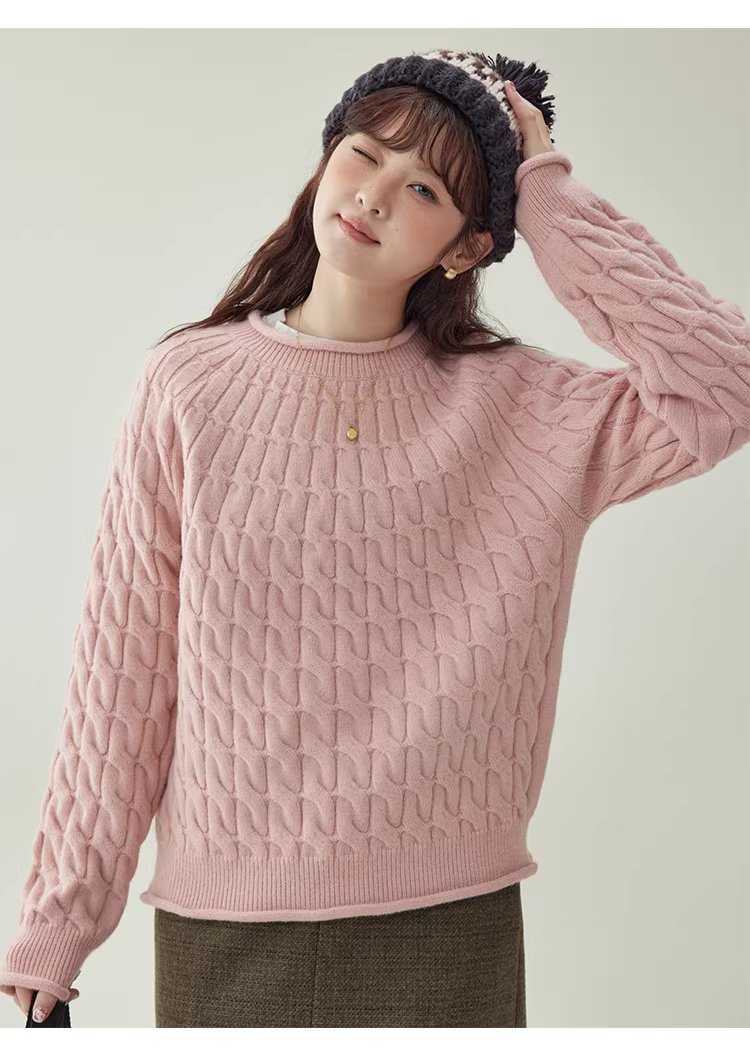 粉紅扭花捲邊長袖毛衣女25冬季新款甜美圓領上衣,粉紅扭花捲邊長袖毛衣女25冬季新款甜美圓領上衣,HBEW1188,粉紅扭花捲邊長袖毛衣女25冬季新款甜美圓領上衣,捲邊衣襬,扭花針織