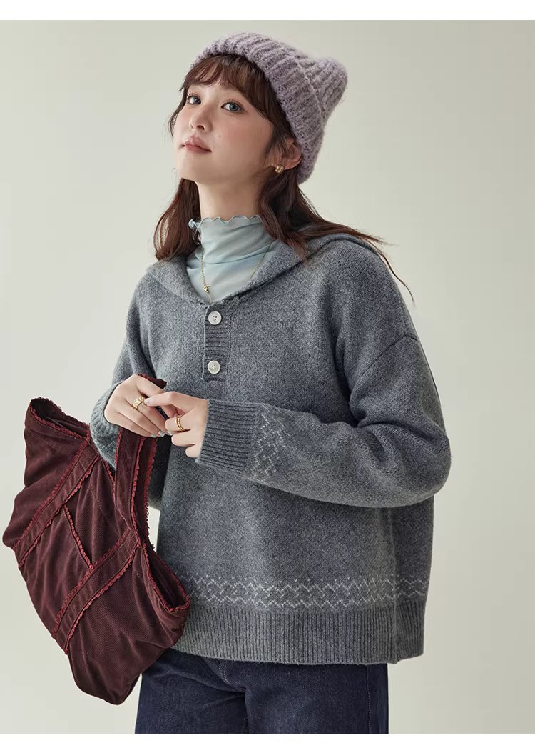 灰色提花海軍領毛衣女冬新款費爾島寬鬆長袖上衣,灰色提花海軍領毛衣女冬新款費爾島寬鬆長袖上衣,HBEW1191,灰色提花海軍領毛衣女冬新款費爾島寬鬆長袖上衣,海軍領,費爾島圖騰