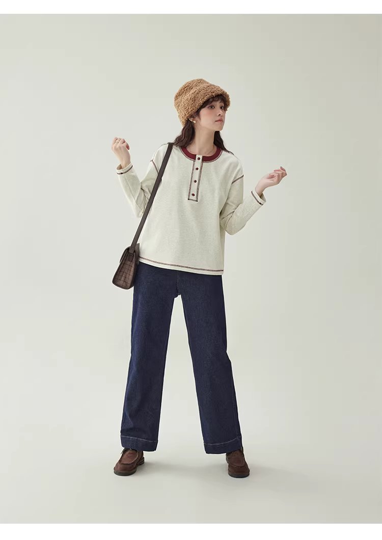 撞色反線落肩袖T恤女冬季新款半開扣圓領上衣,撞色反線落肩袖T恤女冬季新款半開扣圓領上衣,HBEW1192,撞色反線落肩袖T恤女冬季新款半開扣圓領上衣,半開排扣,舒適面料