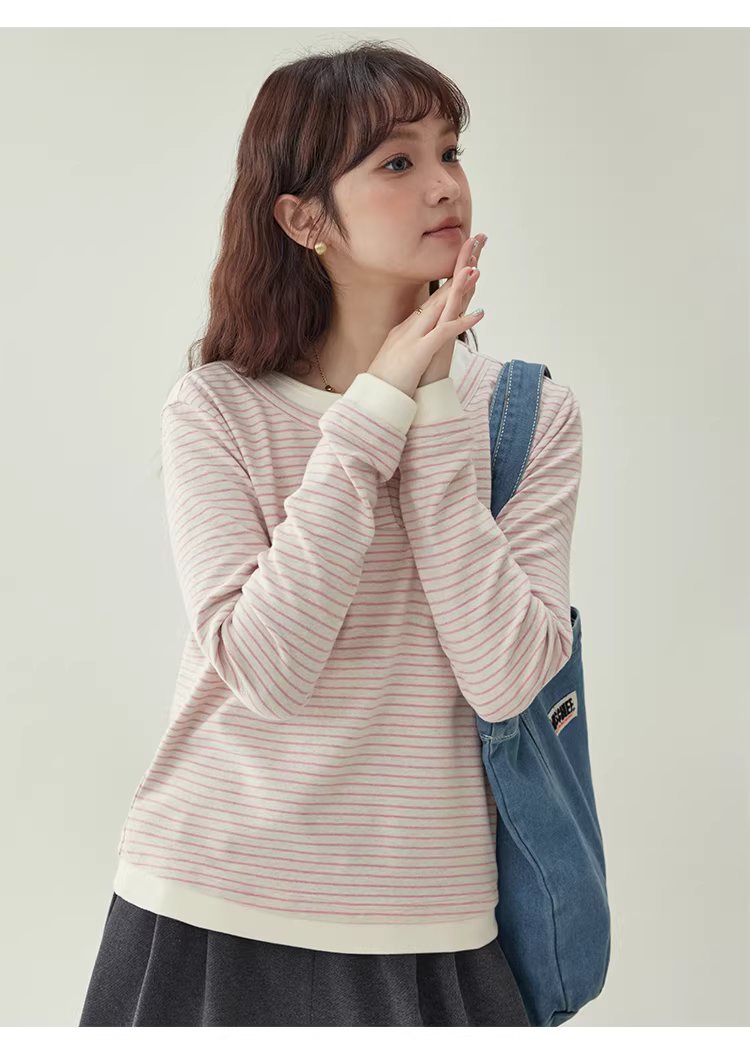 假兩件粉條紋長袖T恤女冬季新款少女感寬鬆上衣,假兩件粉條紋長袖T恤女冬季新款少女感寬鬆上衣,HBEW1197,假兩件粉條紋長袖T恤女冬季新款少女感寬鬆上衣,假兩件式,舒適面料