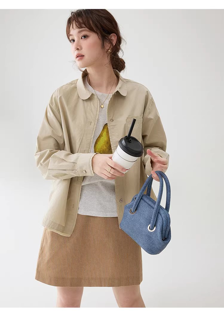 設計感拼接小毛邊襯衫女春季新娃娃領紐扣上衣,設計感拼接小毛邊襯衫女春季新娃娃領紐扣上衣,HBFS1001,設計感拼接小毛邊襯衫女春季新娃娃領紐扣上衣,翻領排扣,棉麻材質