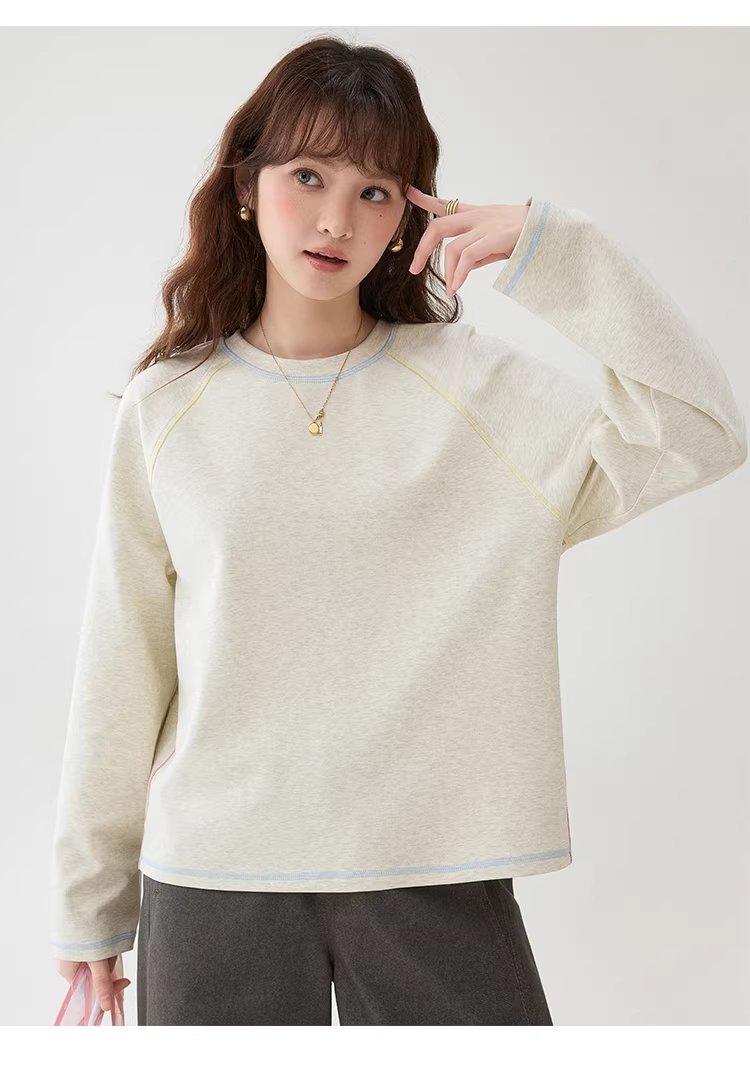 撞色反線長絨棉T恤女春季新款寬鬆插肩袖上衣,撞色反線長絨棉T恤女春季新款寬鬆插肩袖上衣,HBFS1009,撞色反線長絨棉T恤女春季新款寬鬆插肩袖上衣,撞色車線,花灰面料