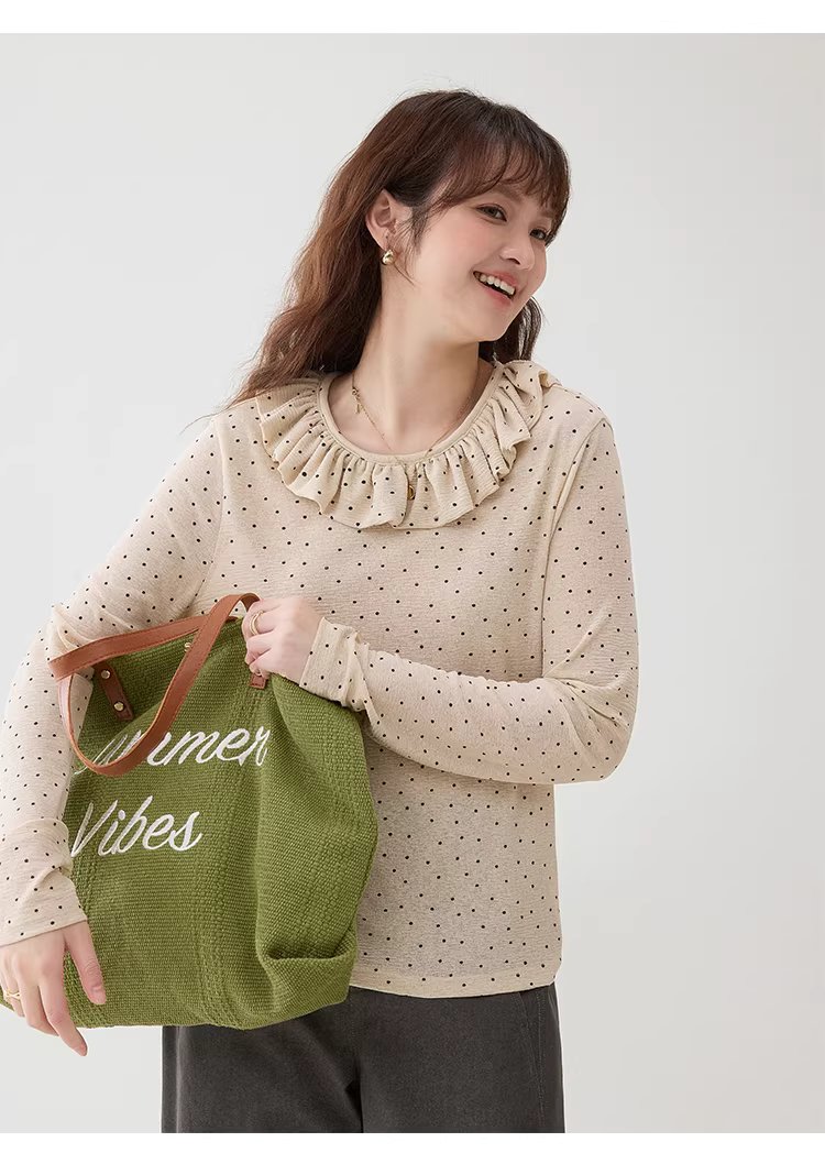 波點荷葉邊圓領T恤女春季新款薄款長袖內搭上衣,波點荷葉邊圓領T恤女春季新款薄款長袖內搭上衣,HBFS1010,波點荷葉邊圓領T恤女春季新款薄款長袖內搭上衣,荷葉邊領,復古波點