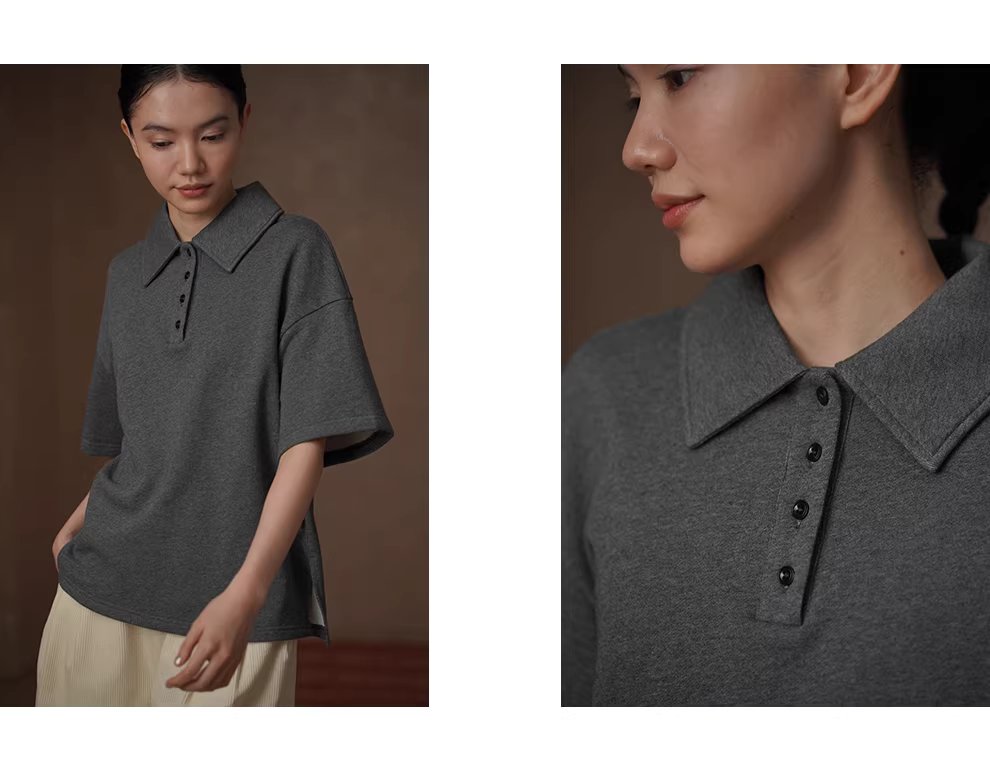 古經典休閒碰撞Polo領寬鬆顯瘦100棉花灰落肩短袖上衣,古經典休閒碰撞Polo領寬鬆顯瘦100棉花灰落肩短袖上衣,HBFS1013,古經典休閒碰撞Polo領寬鬆顯瘦100棉花灰落肩短袖上衣,親膚舒適,俐落隨性