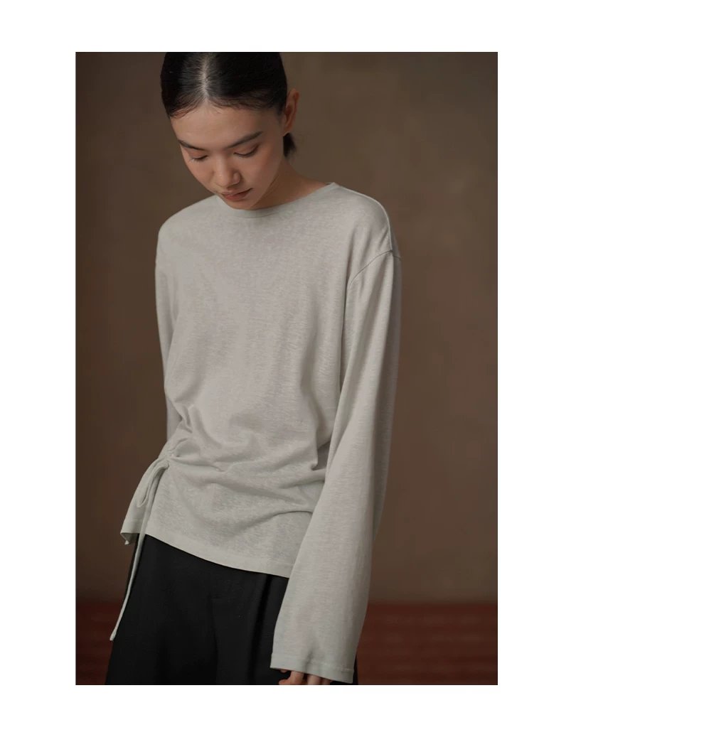 桑蠶絲亞麻棉清透涼爽下擺抽繩圓領寬鬆顯瘦長袖上衣女,桑蠶絲亞麻棉清透涼爽下擺抽繩圓領寬鬆顯瘦長袖上衣女,HBFS1020,桑蠶絲亞麻棉清透涼爽下擺抽繩圓領寬鬆顯瘦長袖上衣女,面料細緻,側縫抽褶