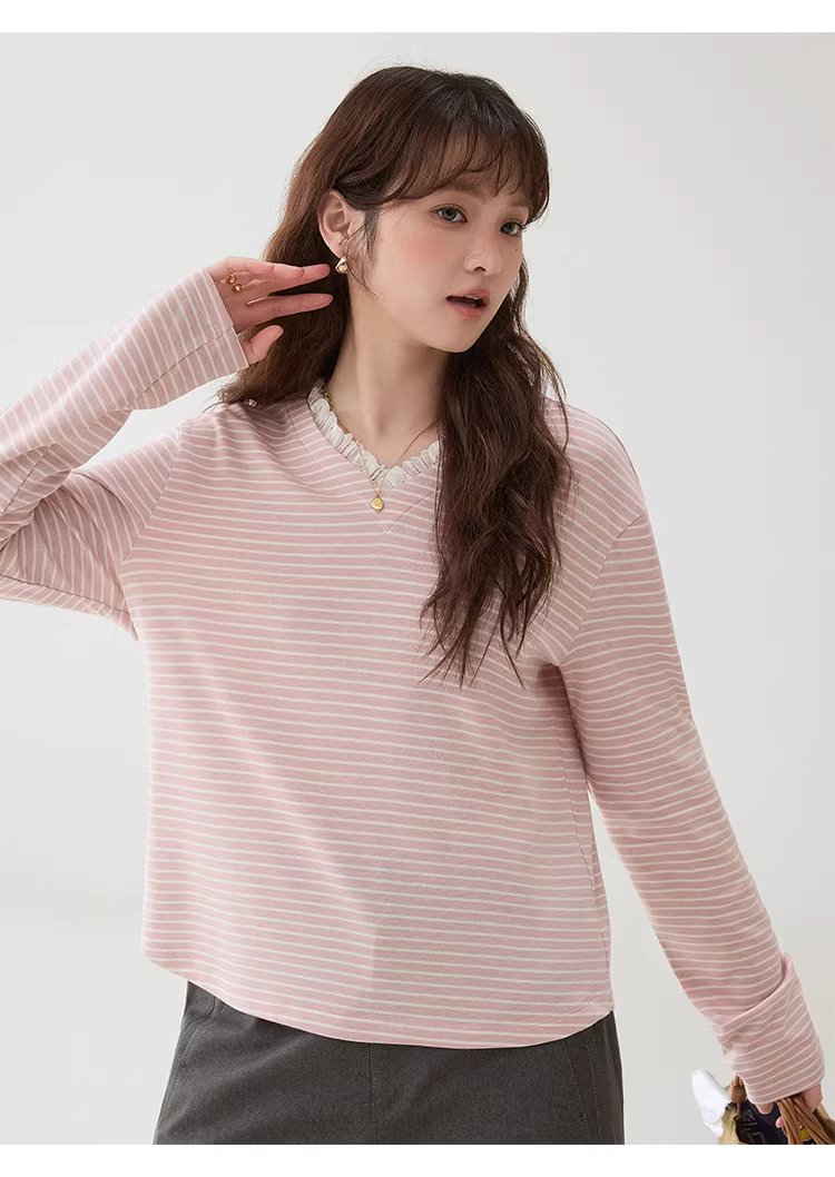 甜美粉紅條紋花邊v領T恤女春季新款寬鬆長袖上衣,甜美粉紅條紋花邊v領T恤女春季新款寬鬆長袖上衣,HBFS1028,甜美粉紅條紋花邊v領T恤女春季新款寬鬆長袖上衣,V領造型,蕾絲花邊