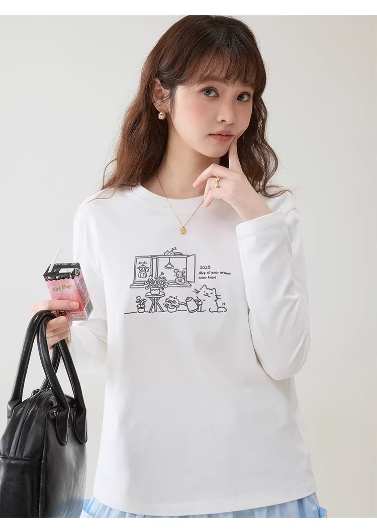 漫畫感線條圖案繡花T恤女春季新款純棉圓領上衣,漫畫感線條圖案繡花T恤女春季新款純棉圓領上衣,HBFS1030,漫畫感線條圖案繡花T恤女春季新款純棉圓領上衣,童趣印花,全棉面料