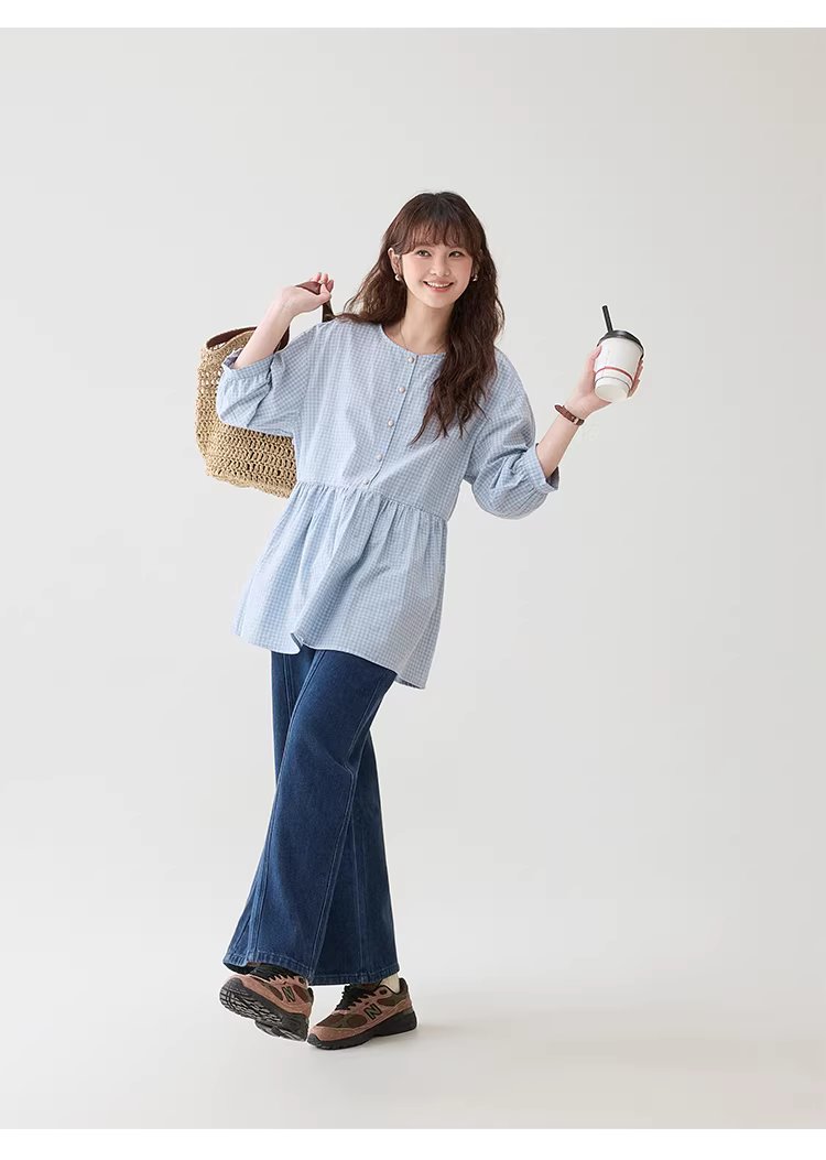 減齡八分袖純棉藍格襯衫女春新款寬鬆娃娃衫上衣,減齡八分袖純棉藍格襯衫女春新款寬鬆娃娃衫上衣,HBFS1039,減齡八分袖純棉藍格襯衫女春新款寬鬆娃娃衫上衣,清新格紋,全棉面料