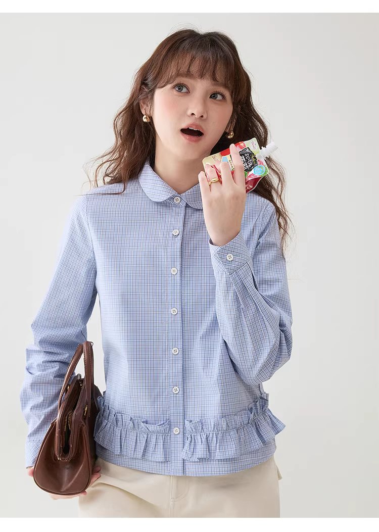 藍格荷葉邊娃娃領襯衫女春季新款純棉長袖短上衣,藍格荷葉邊娃娃領襯衫女春季新款純棉長袖短上衣,HBFS1049,藍格荷葉邊娃娃領襯衫女春季新款純棉長袖短上衣,荷葉衣襬,全棉面料