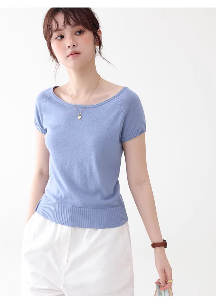 純色小一字領側開叉針織衫女夏新款慵懶顯瘦短袖上衣,純色小一字領側開叉針織衫女夏新款慵懶顯瘦短袖上衣,HBFS1051,純色小一字領側開叉針織衫女夏新款慵懶顯瘦短袖上衣,側邊開衩,薄款針織